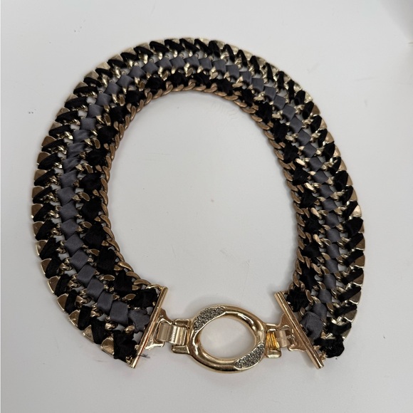 Stella & Dot Tempest Bib Necklace woven steel chain, rhinestones,silk ribbon. - Picture 2 of 7